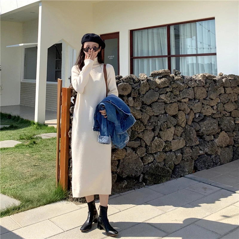 

Women Loose Knitted Sweater Dress Solid O Neck Long Sleeve Soft Autumn Winter Casual White Midi Dress Vestidos Ka1230