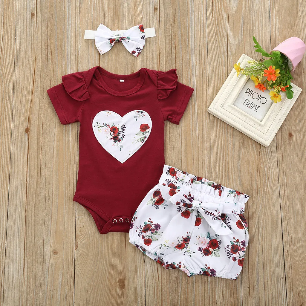 Floral Prints Pants Headband Baby Girl Clothes Solid Color Cotton and Flowers Suits Girls Clothing Sets Romper Outfits