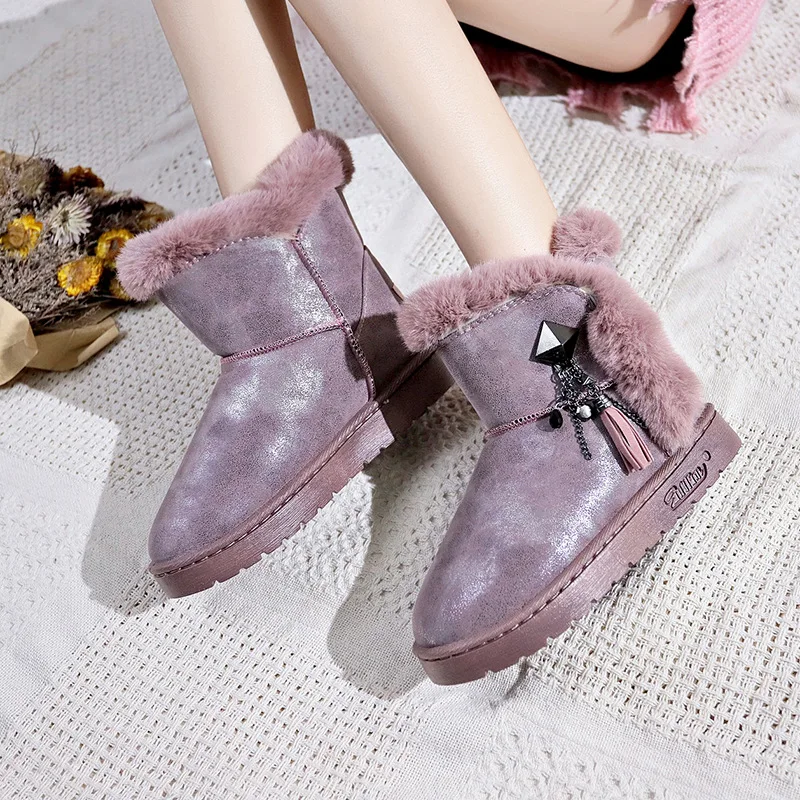 Autumn winter new rhinestone buckle female cotton shoes Korean rabbit hair fashion snow boots in the tube keep warm women boot