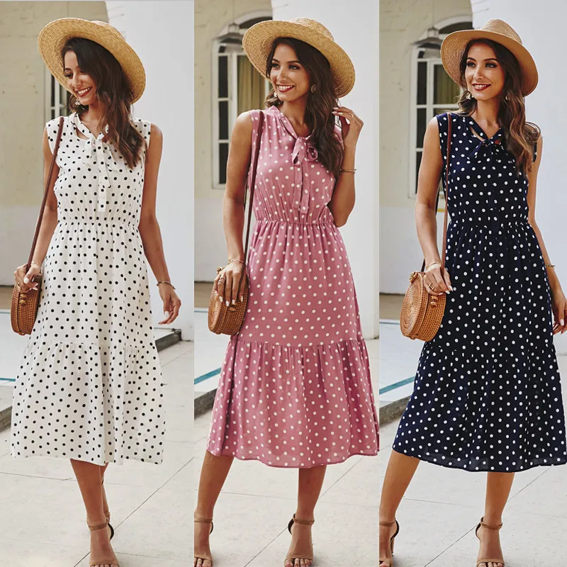 

Summer Elegant Sexy Wave point bow beach long Dress Women 2020 Fashion Print Polka-dot Ladies Halter boho dress women vestidos