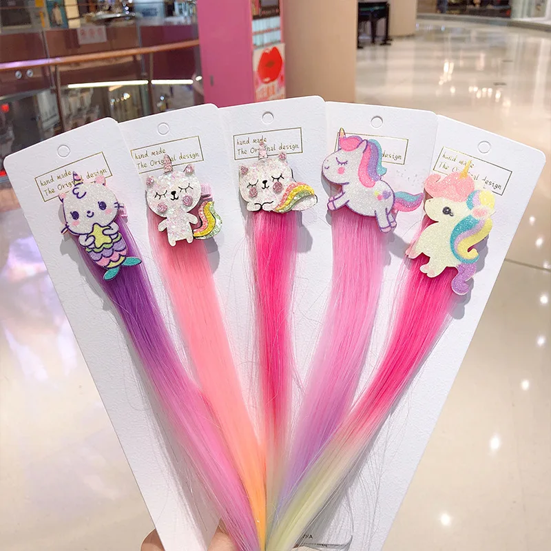 hair bow for ladies Children Cartoon Rainbow Wig Hairpins Unicorn Hair Clips Girls Cute Rabbit Cat Animals Headbands For Kids Hair Accessories banana hair clips