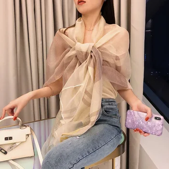 

Brand 2020 New Stripe Women Silk Wool Scarf Long Pashmina Shawl Female Wraps Bandana Foulard Hijabs Scarves Beach Stoles Poncho