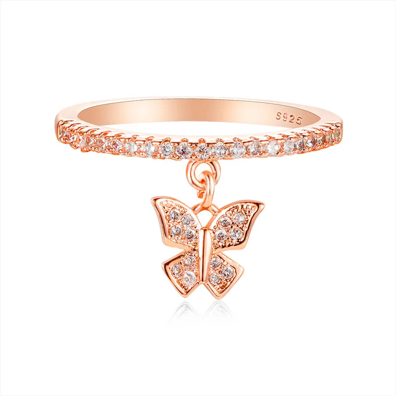 Rose Gold Color Милое женское маленькое кольцо с подвеской в виде бабочки, желтое золото, Свадебное обручальное кольцо, винтажное свадебное ювелирное изделие, кольца для женщин - Цвет основного камня: Rose Gold Color