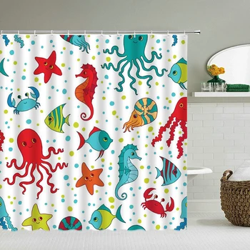 

Cartoon Octopus Dolphin Fish Shower Curtains Decoration Waterproof Fabric Bath Curtain Bathroom Door lovely Bath Screens