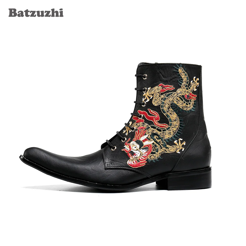 Batzuzhi Luxury Handmade Men's Boots Shoes Pointed Toe Embroidery Black Leather Ankle Boots Men Motorcycle/Biking Botas Hombre
