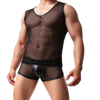 

Piece Men Sexy Mesh See Through Undershirts Summer Thin Vest Transparent Breathable Fitness O-Neck Undershirt