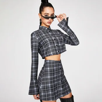

2019 Autumn Women's New Plaid Lapel Long Sleeve Cardigan Umbilical Shirt High Waist Bag Hip Skirt Set Women's Costumes