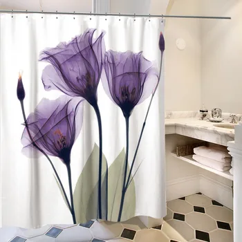 

Bathroom Shower Curtain Flower Print Durable Waterproof Bath Curtain Non-Slip Bathroom Rug