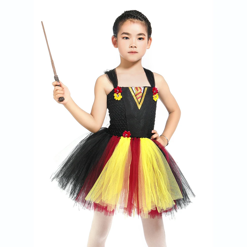 

Baby Girl Halloween Black Wizard Robes Kid Cosplay Wizard Tutu Dress Set with Magic Wand Child Pearl Flower Magic School Uniform