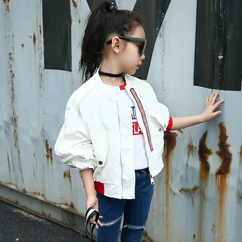 

Children's Spring Autumn Outerwear Coats for Girls White Bat Sleeves Oversize Biker Jacket Kids School Wear Bomber Jacket
