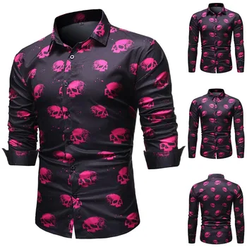 

Men Fashion Casual Long Sleeved Printed shirt Men's Autumn New Casual Fashion Skeleton Printing Slim Lapel Long Sleeve Shirt