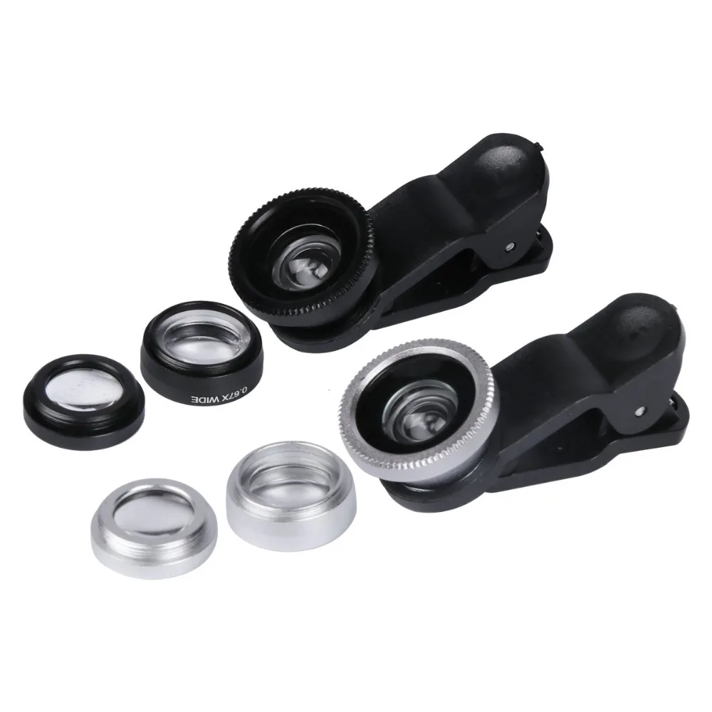 3-в-1 Широкий формат макро объектив Рыбий глаз Kit мобильный телефон рыбий с зажимом