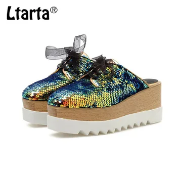 

LTARTA Thick-soled Platform Shoes, British Fashion Sponge Cake, Colorful Sequined Wedges, High-heeled Shoes JXQ