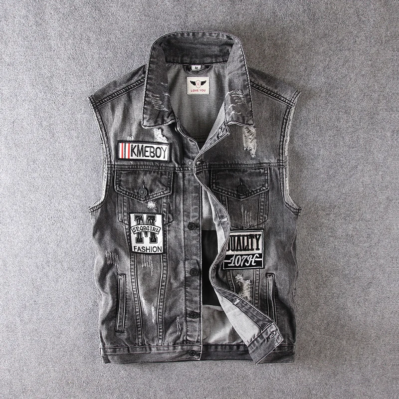 Fashion Streetwear Men Vest Black Gray Patches Designer Destroyed