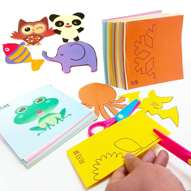 Juguetes plegables de corte de papel colorido con dibujos animados para niños, manualidades de arte educativo para guardería, con tijeras, 48 Uds.