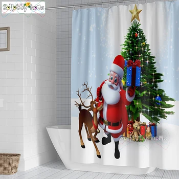 Santa Claus Giving Gifts Elk Christmas Shower Curtain Waterproof Printing Bathroom Partition Curtain Hanging Curtain Multiple tanie i dobre opinie SoHotty domu CN (pochodzenie) Poliester Europa Radosne A11YL225 Ekologiczne W150cm*L180cm W180cm*L200cm 350~400g Use as bathroom curtain window pannel or door