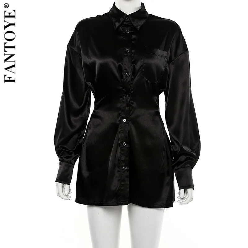 Fantoye, женская модная черная блузка, платье, летнее повседневное шелковое атласное платье, Длинные Топы для женщин, женские сексуальные рубашки, платья, уличная одежда