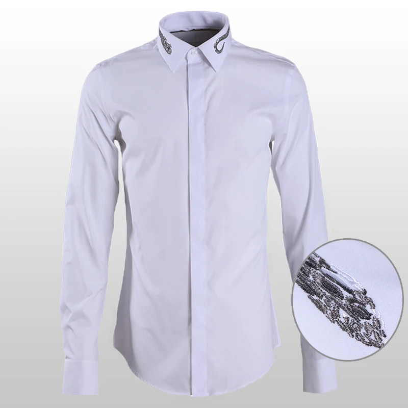 Minglu Cotton Mens Shirts Luxury Collar Embroidery Long Sleeve Mens Dress Shirts Plus Size 4xl Solid Color Slim Fit Male Shirts