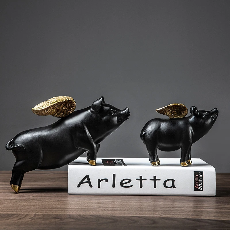 

Flying Pigs Funny Retro Resin Black Angel Pig with Wings Figurines Small Miniatures Ornaments Birthday Gift for Home Decoration