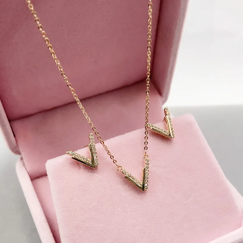Vanifin Fashion Jewelry Simpleness Letter V Zircon Micro inlay Necklace with Earrings for Everyday Wedding Best Gift | Украшения и