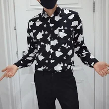 Pfhq 2021 nova moda masculina solto lapela padrão de leite impressão estilo coreano na moda casual manga longa camisa primavera outono 21f053