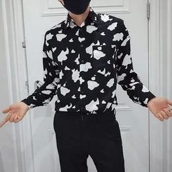 Pfhq 2021 nova moda masculina solto lapela padrão de leite impressão estilo coreano na moda casual manga longa camisa primavera outono 21f053