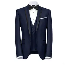 Дешевые выпускные темно-синие мужские костюмы одна кнопка жениха свадебный v-образный вырез, петличный смокинг костюм жениха три части(куртка+ жилет+ брюки