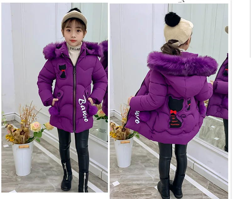 2-13Yrs Kids Winter Parkas Girl Warm Jacket Baby Bow Cat Coat Thick Fur Hooded Christmas Outerwear Kids Winter Clothes-30degree