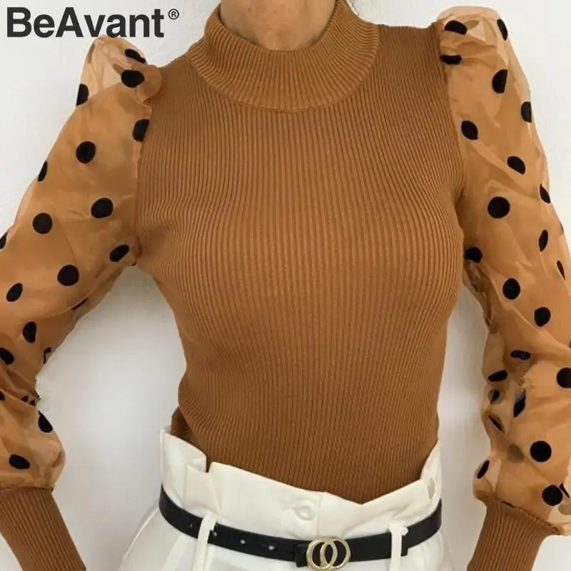BeAvant, Лоскутная, в горошек, трикотажная блузка, для женщин, элегантная, осень, зима, женские топы, рубашка, вечерние, для клуба, тонкая, с пышными рукавами, женские топы