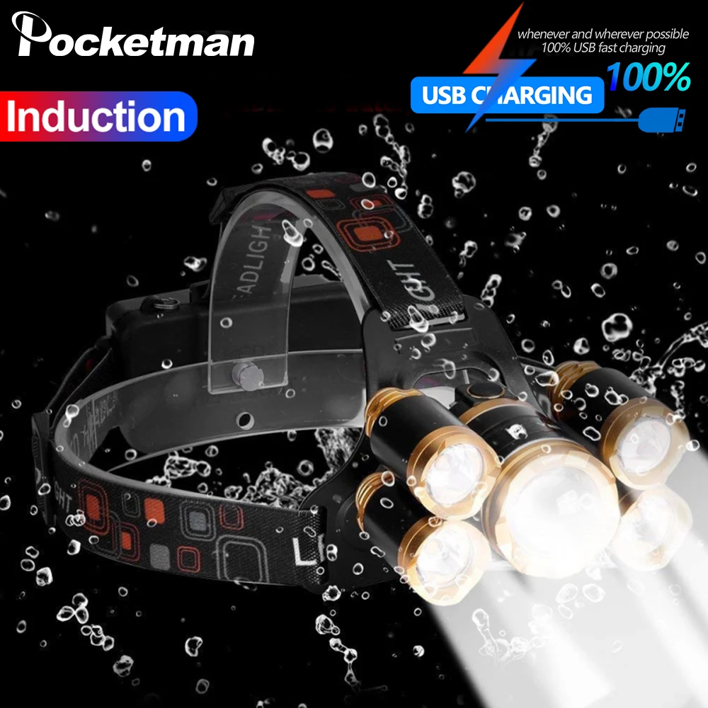 

80000LM Headlamp Body Motion Sensor Zoom LED Head Light USB Rechargeable Head with 18650 Battery for Camping Hunting