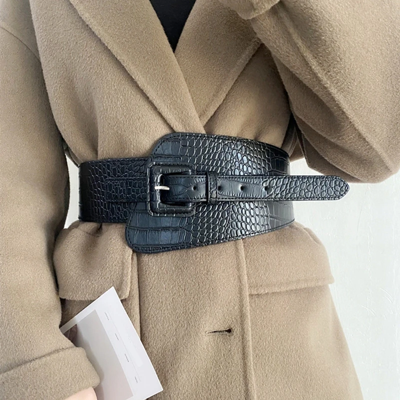 Cinturones superanchos con hebilla plateada para mujer, cinturones para decoración de fiesta, abrigo de lujo de cuero negro, cinturilla para de mujer| AliExpress