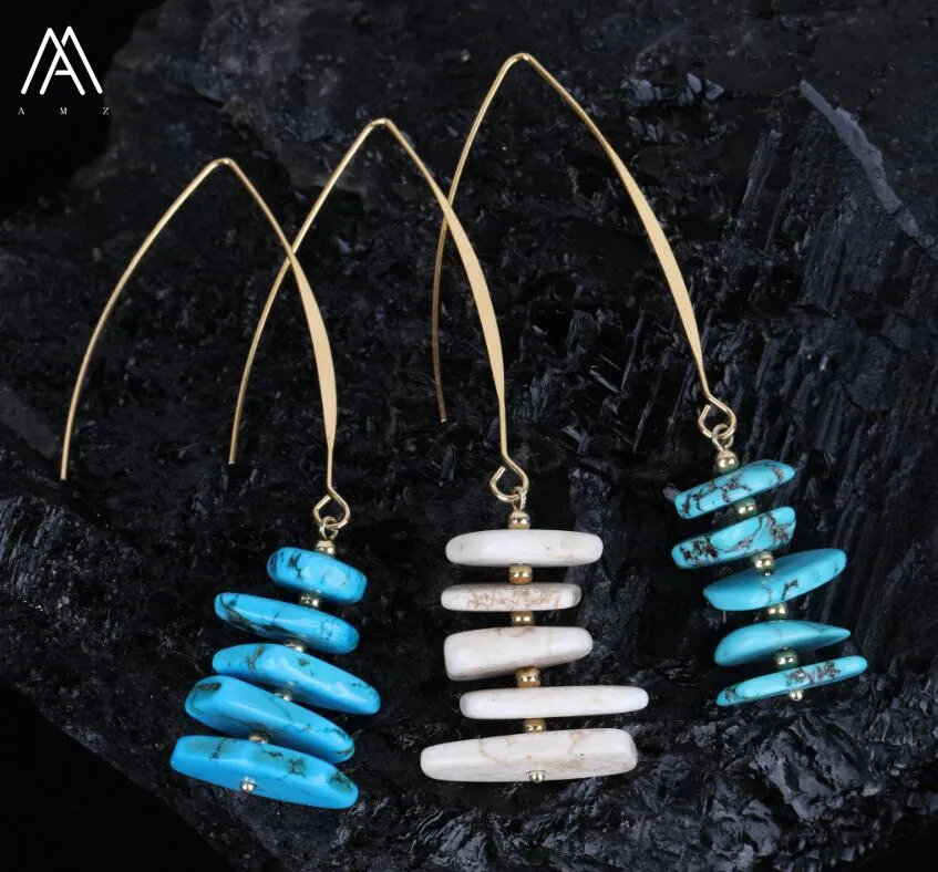 

Trendy Women Natural Turquoises Howlite Slice Beads Hoop Earring,Facted Stone Handmade Earring Wedding Jewelry Gift ZJCP-06AMF