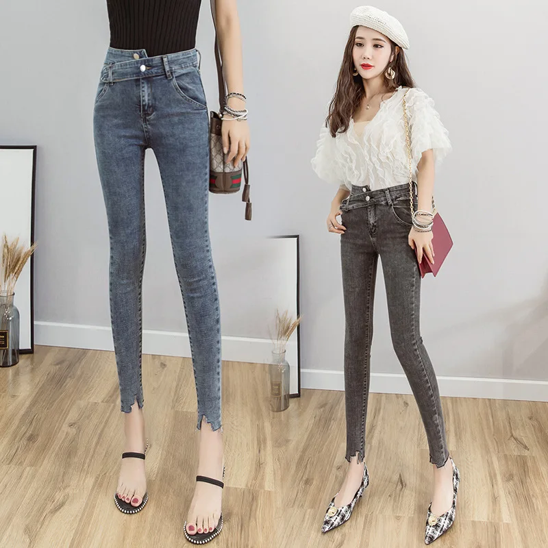 

Jeans Smoke Gray Gao Waist Burr Irregular Feet Pants Two Color 2019