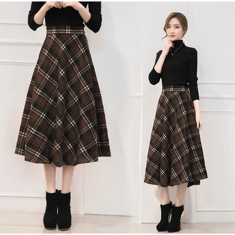 High Waist A Line Women Long Skirt Plus Size 4XL England Plaid Woolen Ladies Skirts Woolen Pleated Tartan Female Bottom