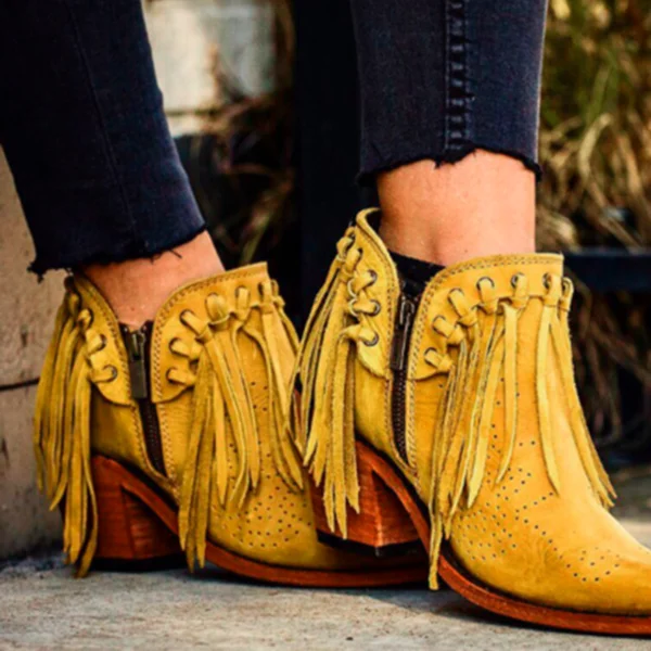 

Puimentiua 2019 New Women Fringe Western Booties Female Suede Low Heel Round Toe Tassel Boots Women Ankle Boots Zipper Shoes
