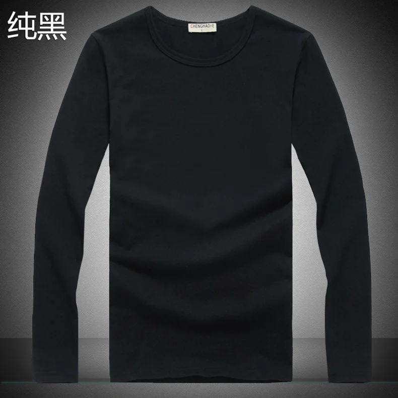 new high quality autumn winter men s long sleeve T shirt pure cotton solid round collar 3