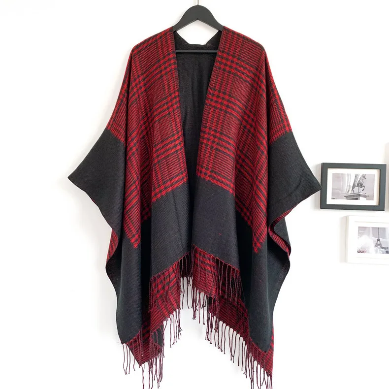 

Euro-American cashmere-like thousand-bird-lattice open-forked shawl and large fringed shawl for warmth Shawls and Scarves