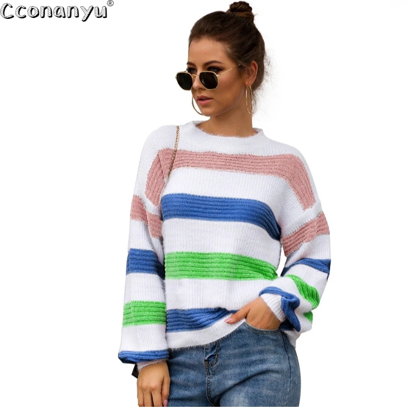 Вязаный женский пуловер, зимний свитер с круглым вырезом, полосатый осенний свободный свитер в полоску, вязаный свитер с длинным рукавом, осенний женский свитер