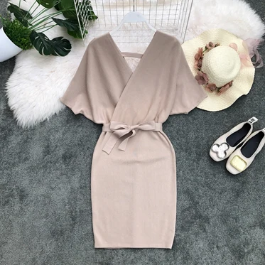 knitted dress Осеннее вязаное платье, корейское трикотажное платье-свитер, женское облегающее сексуальное платье с глубоким v-образным вырезом, элегантные вечерние платья, Vestidos, одежда короткая - Цвет: knitted dress