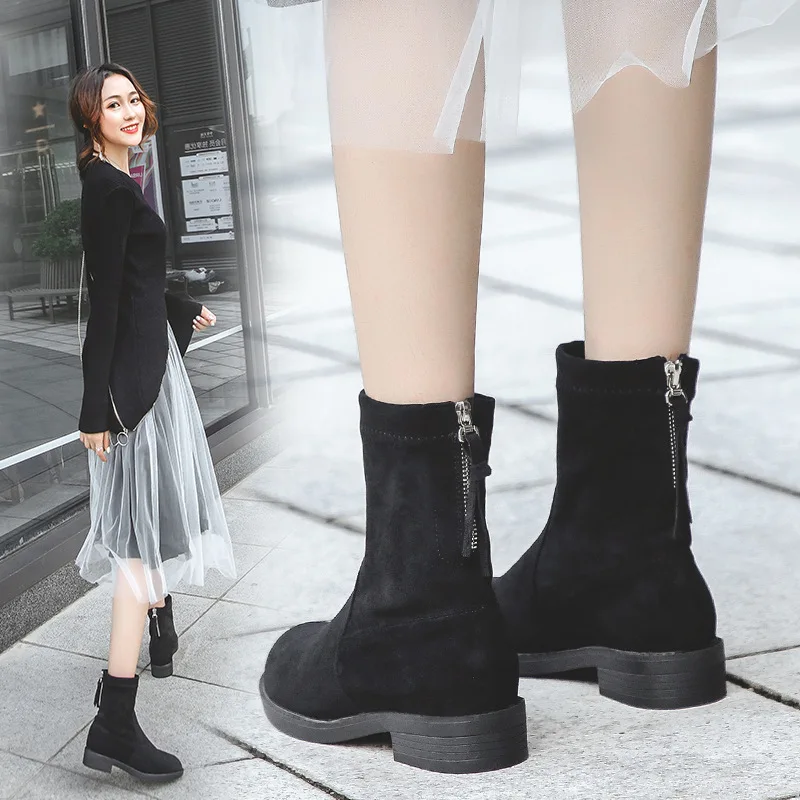 

Lady Boots Low Heels booties Brand Women's Shoes Zipper Round Toe Ladies Flat Fashion Rubber Rock Stockings Winter Ankle PU