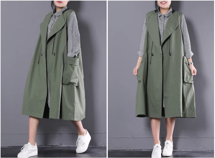 [EWQ] новые заготовки пуговиц зеленого цвета женская модная куртка длинный Свободный Плюс Размер o-образным вырезом завязанный жилет с прорезными карманами Tide WA23706L