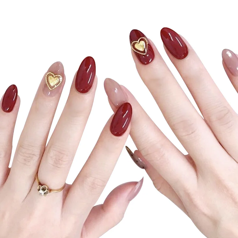 24pcs Full Cover Glitter Red Pink Double Heart Fake press on Nails Shiny Solid Color Detachable 3D Bride False Nail with Glue T
