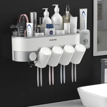 

Bathroom Toiletries Storage Rack Toothbrush Holder Automatic Toothpaste Dispenser With Cup Wall Mount Accessories Set