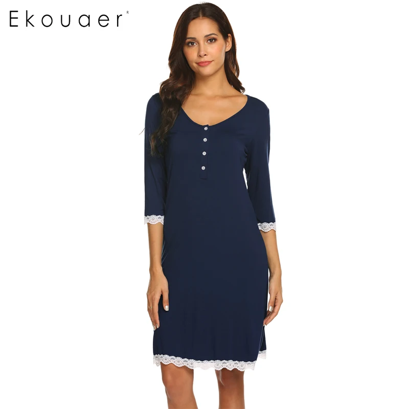 Tanie Ekouaer koszula nocna wiosna lato bielizna nocna sukienka kobiety moda koszula nocna dekolt macierzyński rękaw 3 4 przycisk bielizna nocna