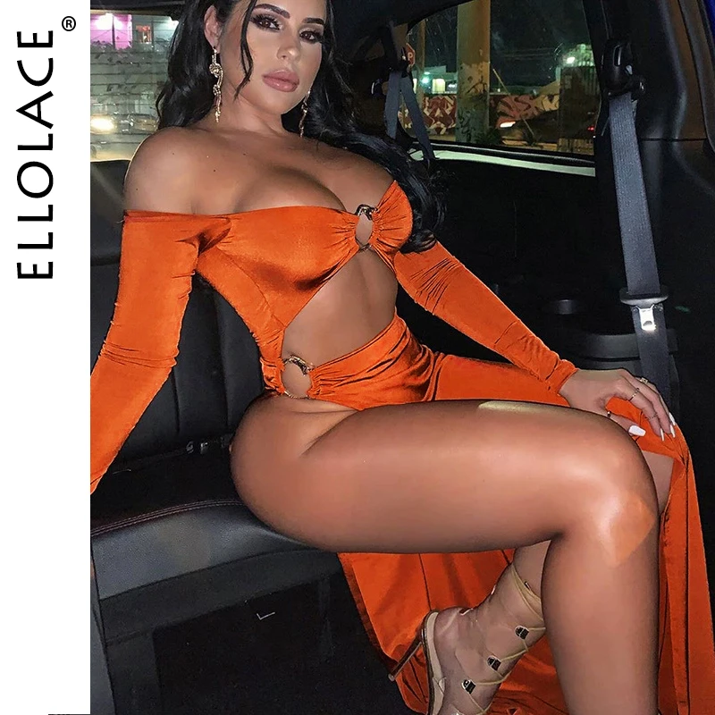 

Ellolace Sexy Midi Dress Women Strapless Long Sleeve Party Club Female Dresses Autumn Orange Cut Out Split 2019 New Lady Dresses