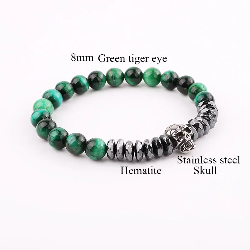 New Design Men Bracelet Stainless Steel Skull Charm Hematite Tiger Eye Beads Elastic Bracelet Men Jewelry Gift - Image 2