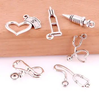 

10Pcs/Lot Mix Syringe Hospital Charms Making Metal Stethoscope Nurse Hat Pendant For Keychain Bracelet Jewelry Making