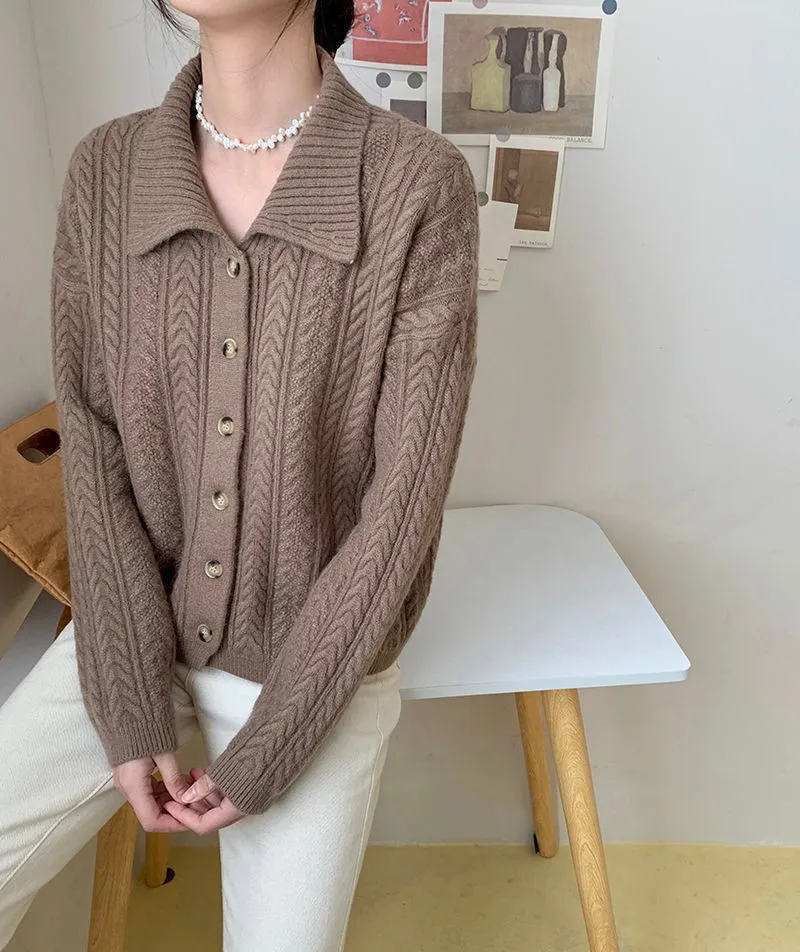 

2022 Autumn Retro Twist Lapel Knitted Women's Cardigan Single-Breasted Solid Color Gentle Casual Warm Winter Outwear Sweater