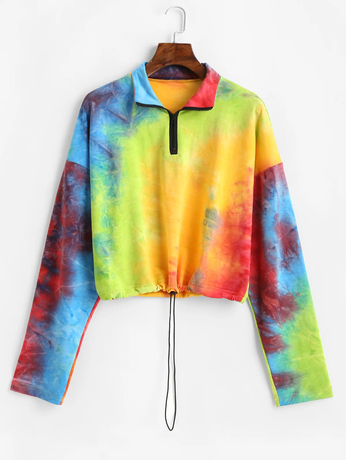 

ZAFUL Women Short Sweatshirt Cropped Rainbow Tie Dye Printed Long Sleeve Zip Front Pullover Sweatshirt Drawstring Casual Jumper