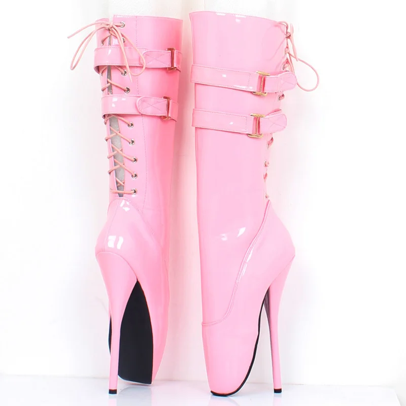 

New 18cm/7" ultra high heel stilleto heel spike heel red shiny Lace-up women knee high ballet boots sexy fetish boots
